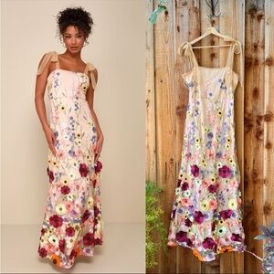 Blush Colorful 3D Floral Embroidered Tie-Strap Maxi Dress 🌿